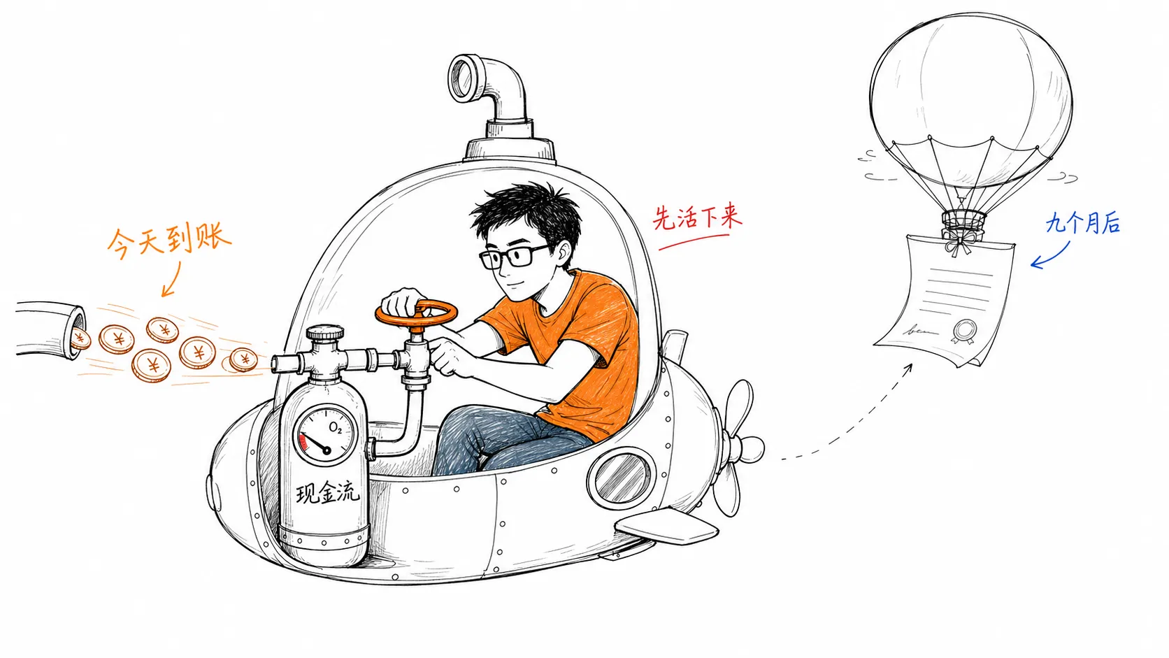 Kama 在创业潜艇里把今天到账的钱接入现金流氧气瓶
